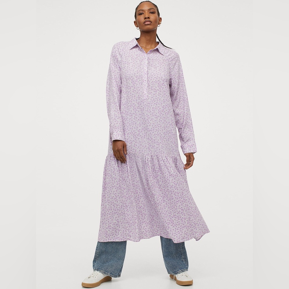 H&M Floral Pastel Purple Drop-Waist Long-Sleeve Collar Midi Maxi Modest Dress